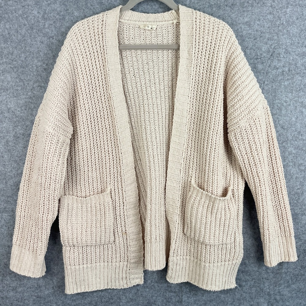 ee:some Cardigan Sweater Womens M/L Beige Chunky Knit Minimal Relaxed Oversized